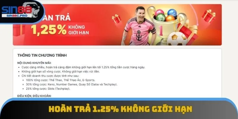 Hoàn trả 1.25% không giới hạn tại các sảnh Hoàn trả 1.25% không giới hạn tại các sảnh
