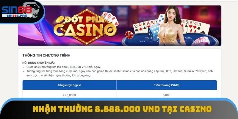 Nhận thưởng 8.888.000 VND tại Casino đỉnh tại Sin88 Nhận thưởng 8.888.000 VND tại Casino đỉnh tại Sin88